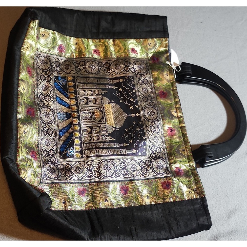 Embroidered Architectural Pattern Women's Black Tote Bag Art Theme Top Handle